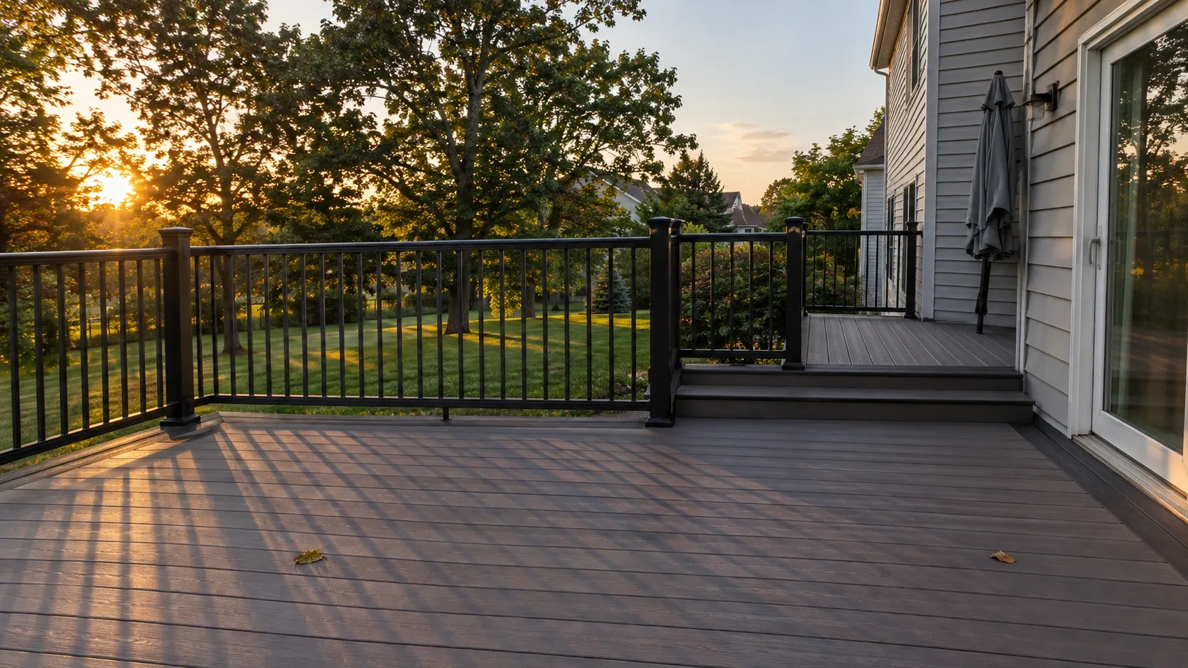 A composite deck with black aluminium railings at sunset, steps leading up to an upper level beside the house