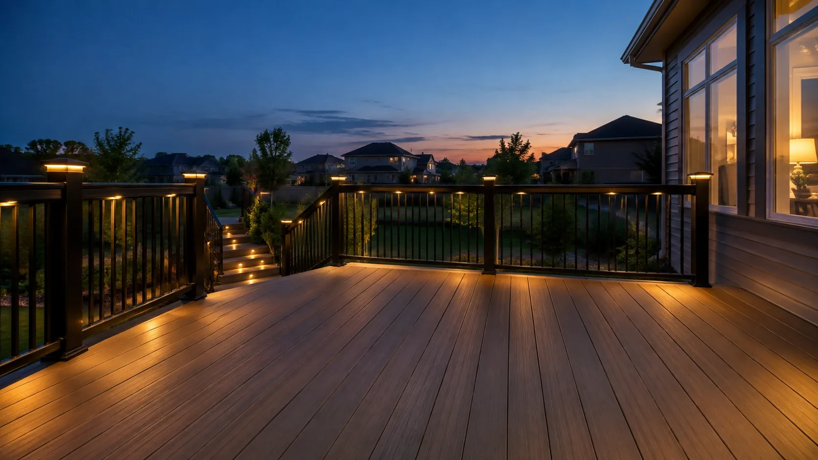 A composite deck at dusk with warm lights in the railing posts and stair risers