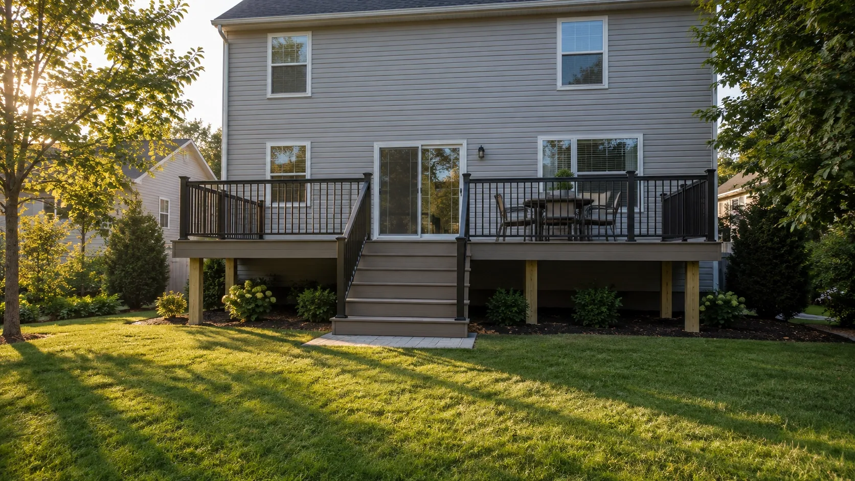 A raised composite deck with black railings seen from the lawn