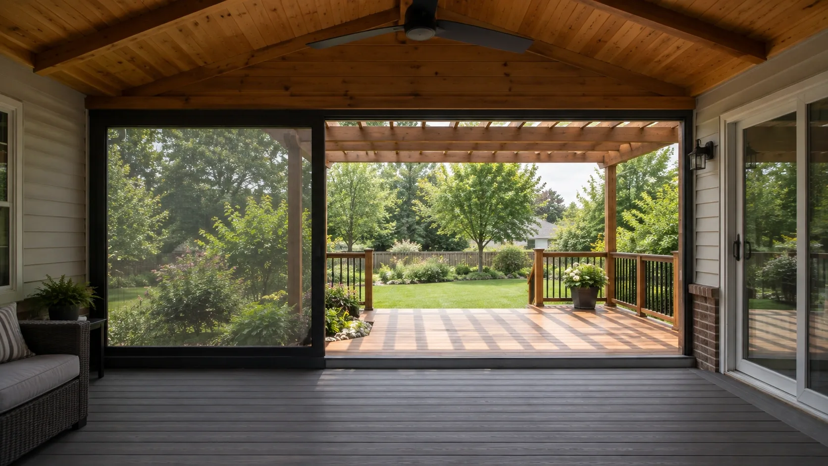 A covered porch with a stained tongue and groove ceiling, screened on one side