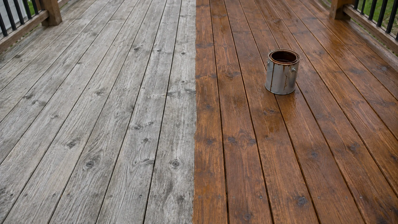 A wood deck half restored, weathered grey boards on one side and freshly stained rich brown boards on the other, with a tin of stain on the finished side
