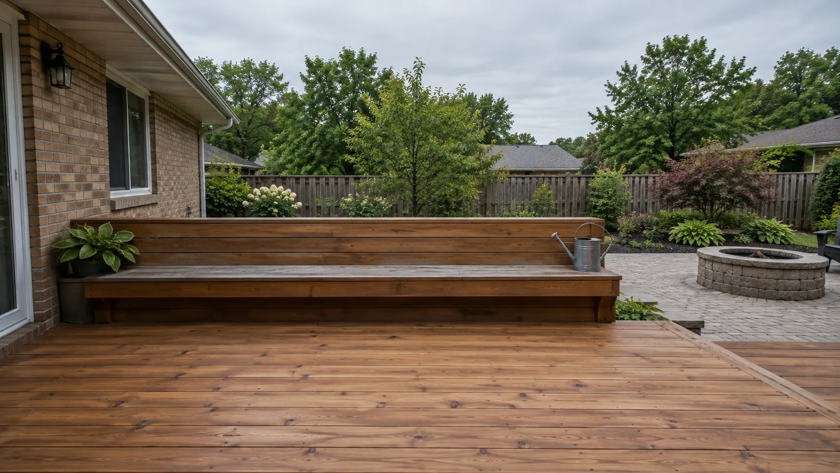 A stained cedar deck with a long built in bench